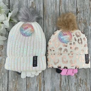 Girls Justice Ribbed & Full Print Winter Cozy Beanie and Gloves 2, 2-Piece Sets
